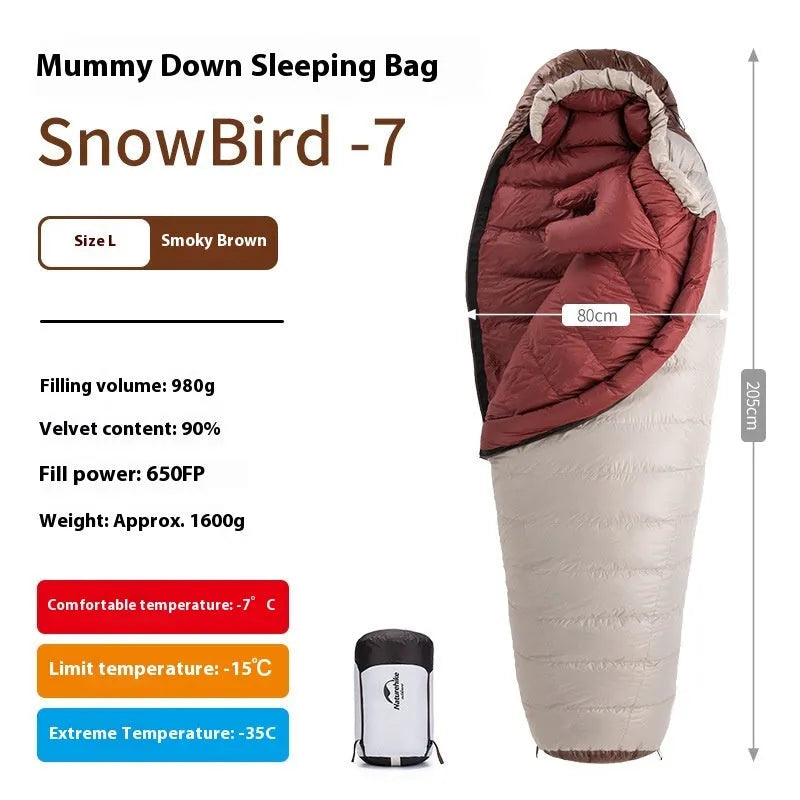 Goose down mummy sleeping bag with storage bag, shown in a neutral colour for adult outdoor use