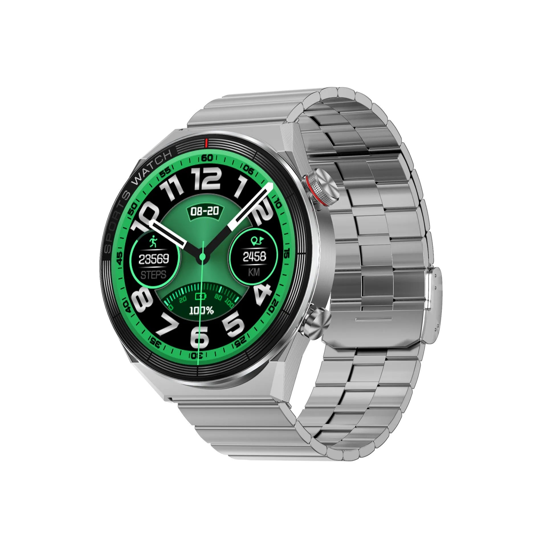 Black smart watch with large colour screen displaying time and notifications on a leather strap