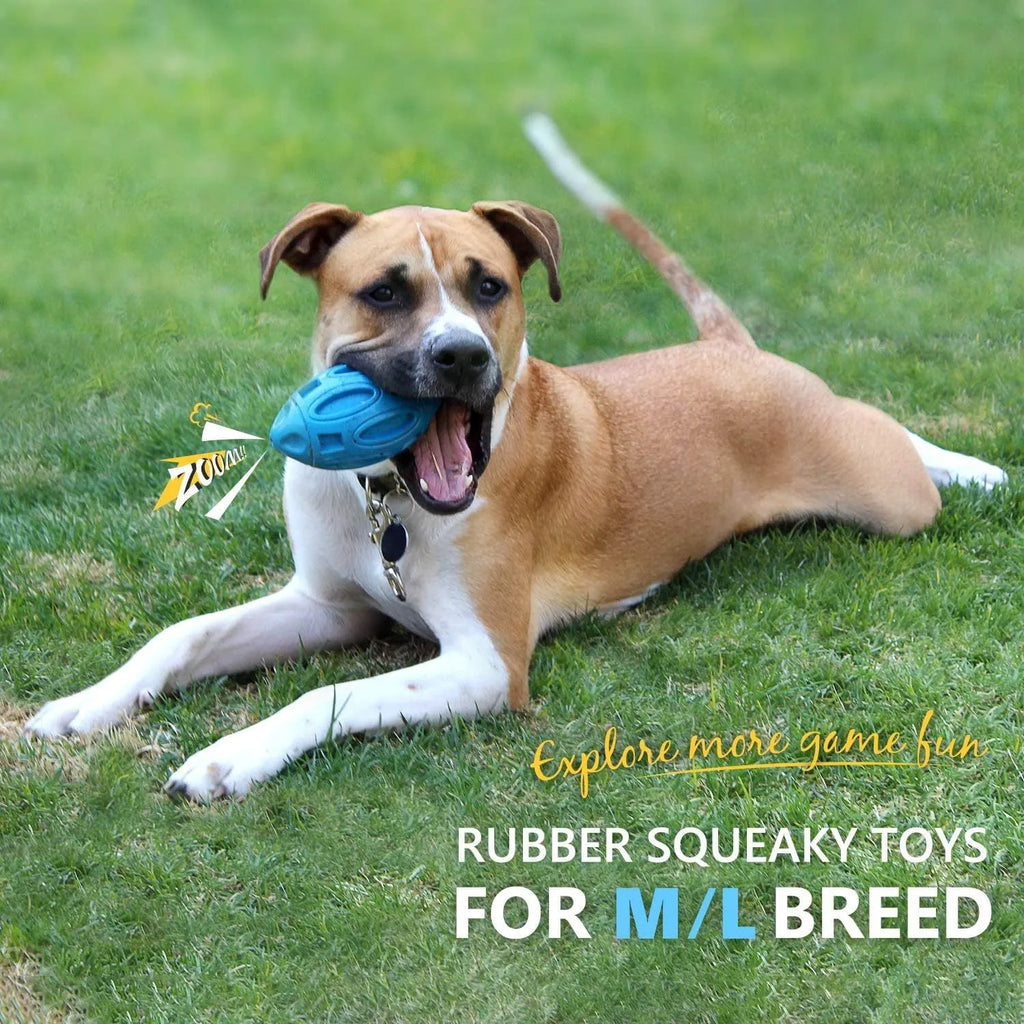 Blue, green, and orange natural rubber squeaky dog chew ball for medium and large breeds