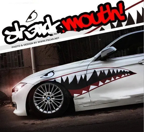 Large shark design car body sticker vinyl decal shown on a vehicle door.