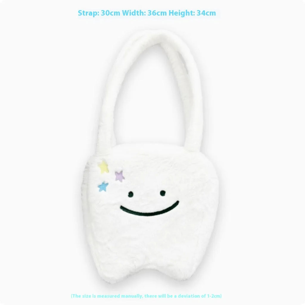 White plush shoulder tote bag with cute tooth design and zipper closure