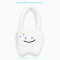 White plush shoulder tote bag with cute tooth design and zipper closure