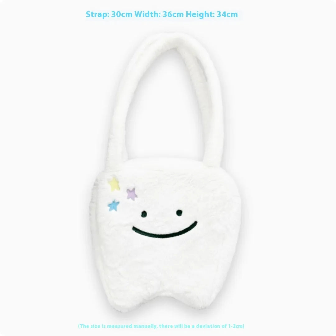 White plush shoulder tote bag with cute tooth design and zipper closure