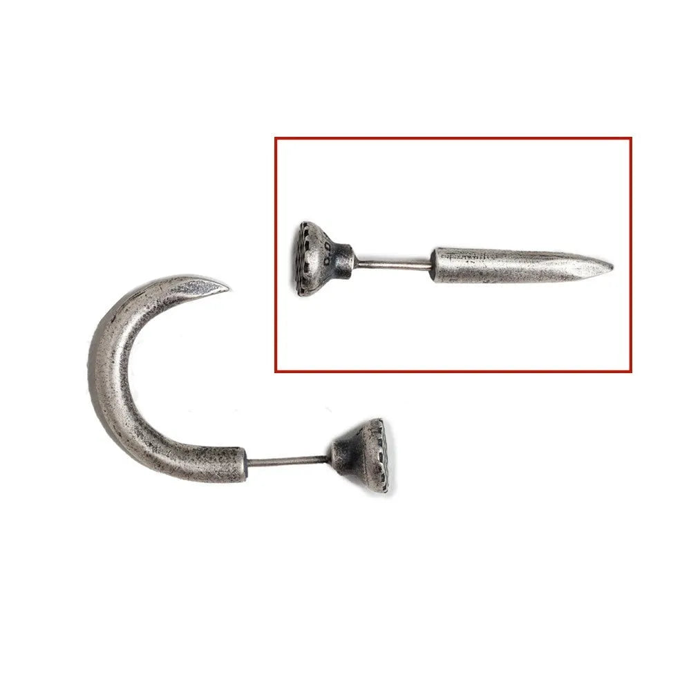 Sterling silver punk nail earrings with ear hook design showing straight and curved options