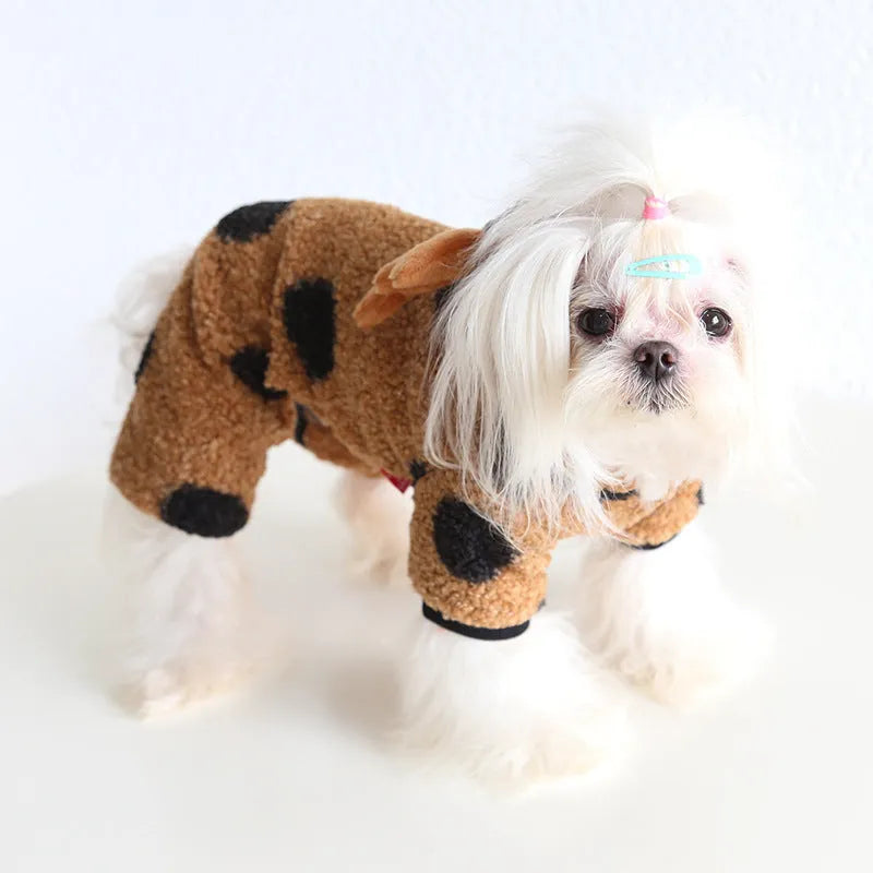Polka dot pet clothing with elk couple design for dogs and cats in skirt and four-leg styles