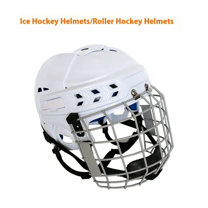 Ice hockey helmet with carbon steel face mask shown in four available sizes: S, M, L, and XL