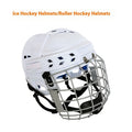 Ice hockey helmet with carbon steel face mask shown in four available sizes: S, M, L, and XL