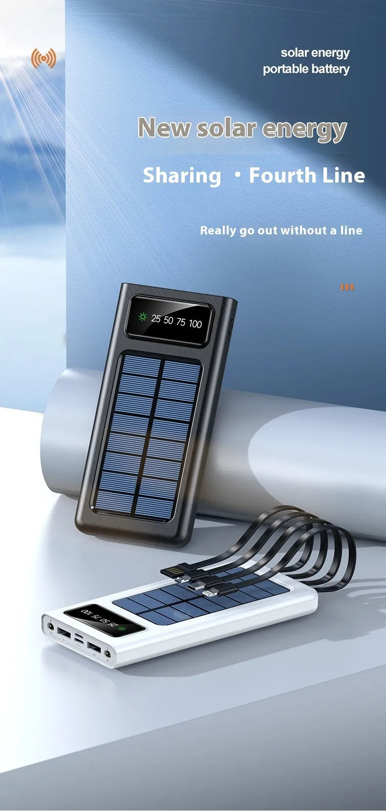 Black and white solar power bank with USB port and 20000mAh capacity for mobile phones