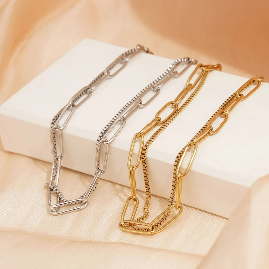 Double layer titanium steel women's bracelet with geometric line pattern in gold or silver finish