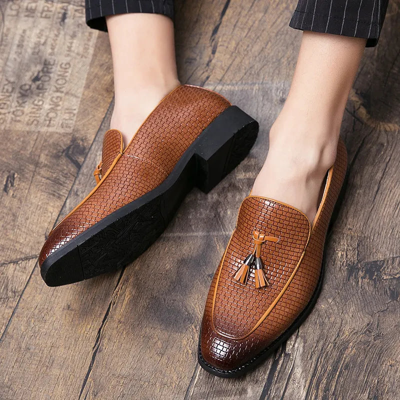 Men's black pointed toe slip on shoes with tassel detail on artificial PU upper