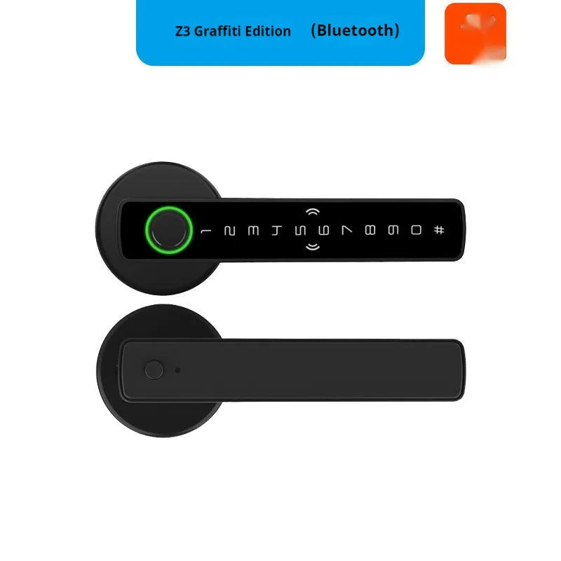 Black spherical handle smart door lock with fingerprint scanner and keyhole for wooden interior doors