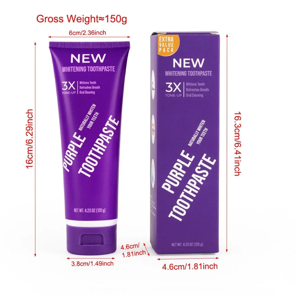 Purple whitening toothpaste tube for adults to remove yellow stains, shown in 120g size.
