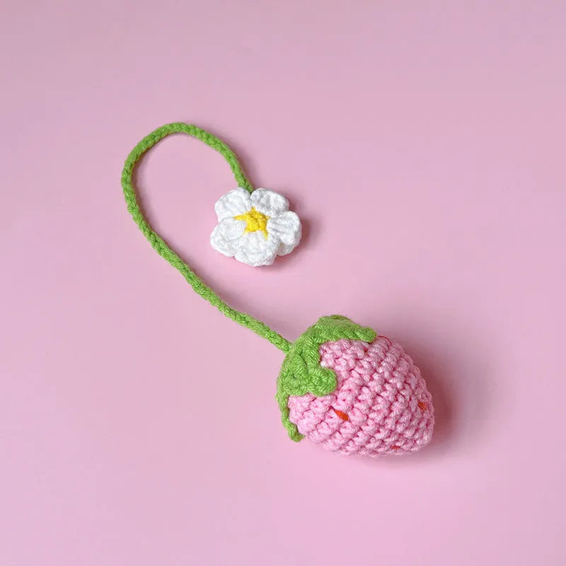 Wool crochet strawberry pendant necklace with hand-crocheted charm on 35cm chain