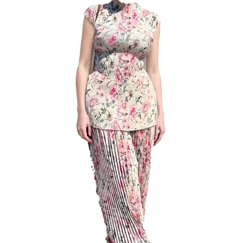 Long sleeve printed chiffon dress with high waist and matching top, shown in picture colour.