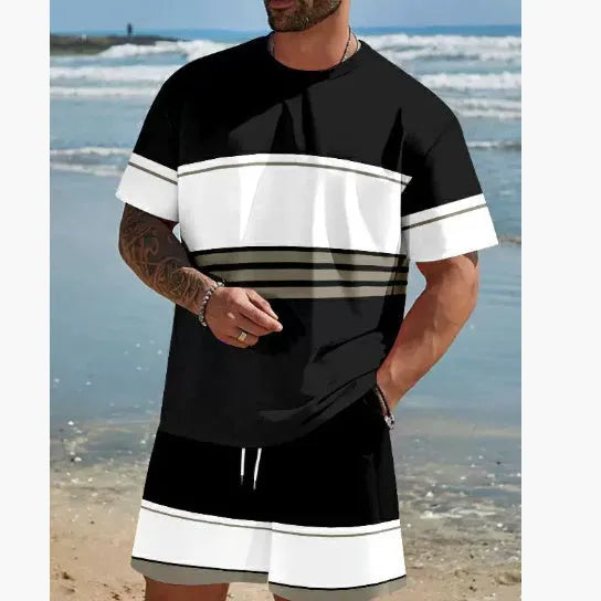 Man wearing a loose fit short sleeve t-shirt and shorts set in a solid colour for summer.