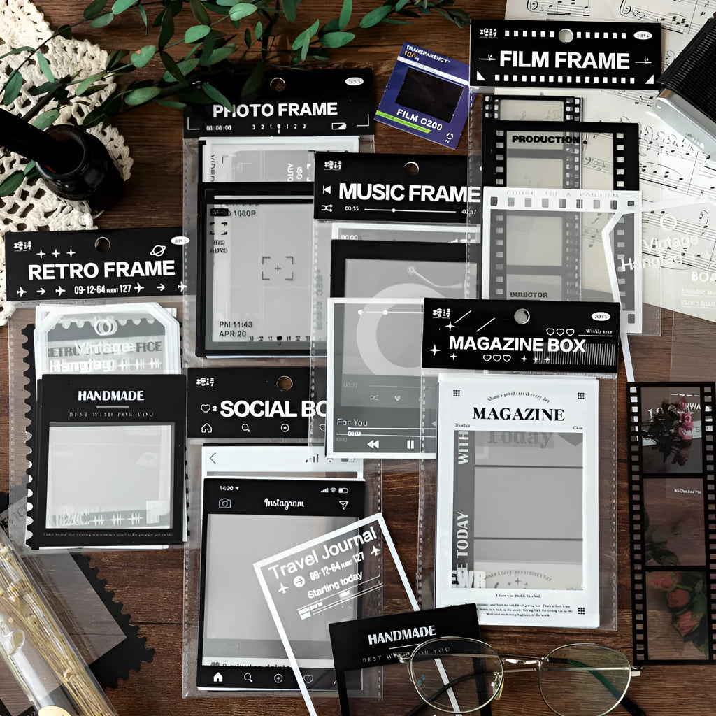 Retro film journal sticker pack with 15 transparent sheets showing six frame designs