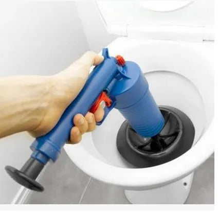 Plastic high-pressure drain blaster gun with handle and four different size rubber adaptors for unblocking pipes.