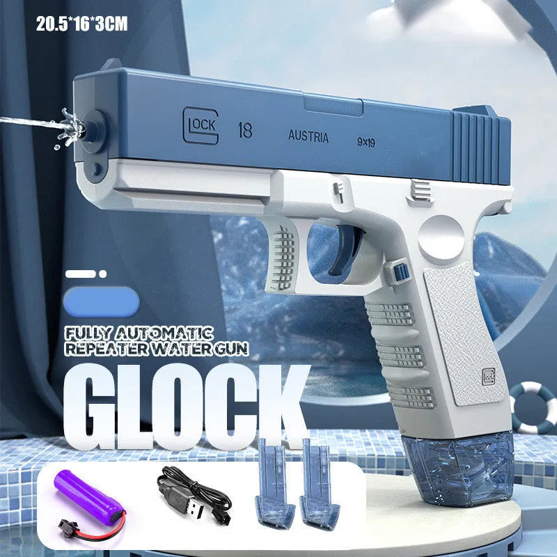 Blue plastic electric space water gun with automatic water absorption for pool and beach play.