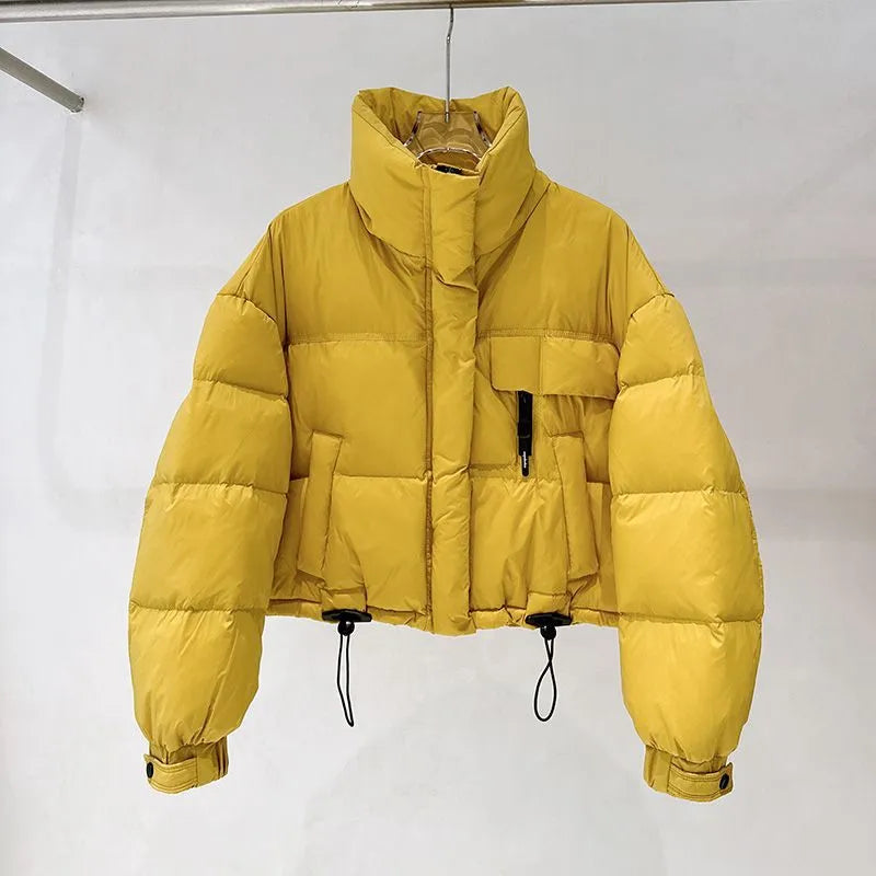 Korean-style stand collar short puffer jacket in yellow with princess sleeves and chenille fabric