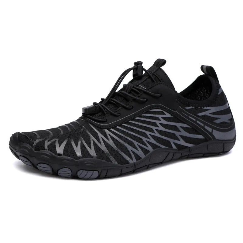 Outdoor sports shoes in multiple colours with lace-up front and rubber sole.