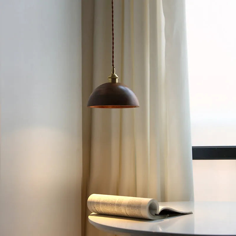 Black walnut wood and copper single-head droplight ceiling chandelier with a fabric cord.