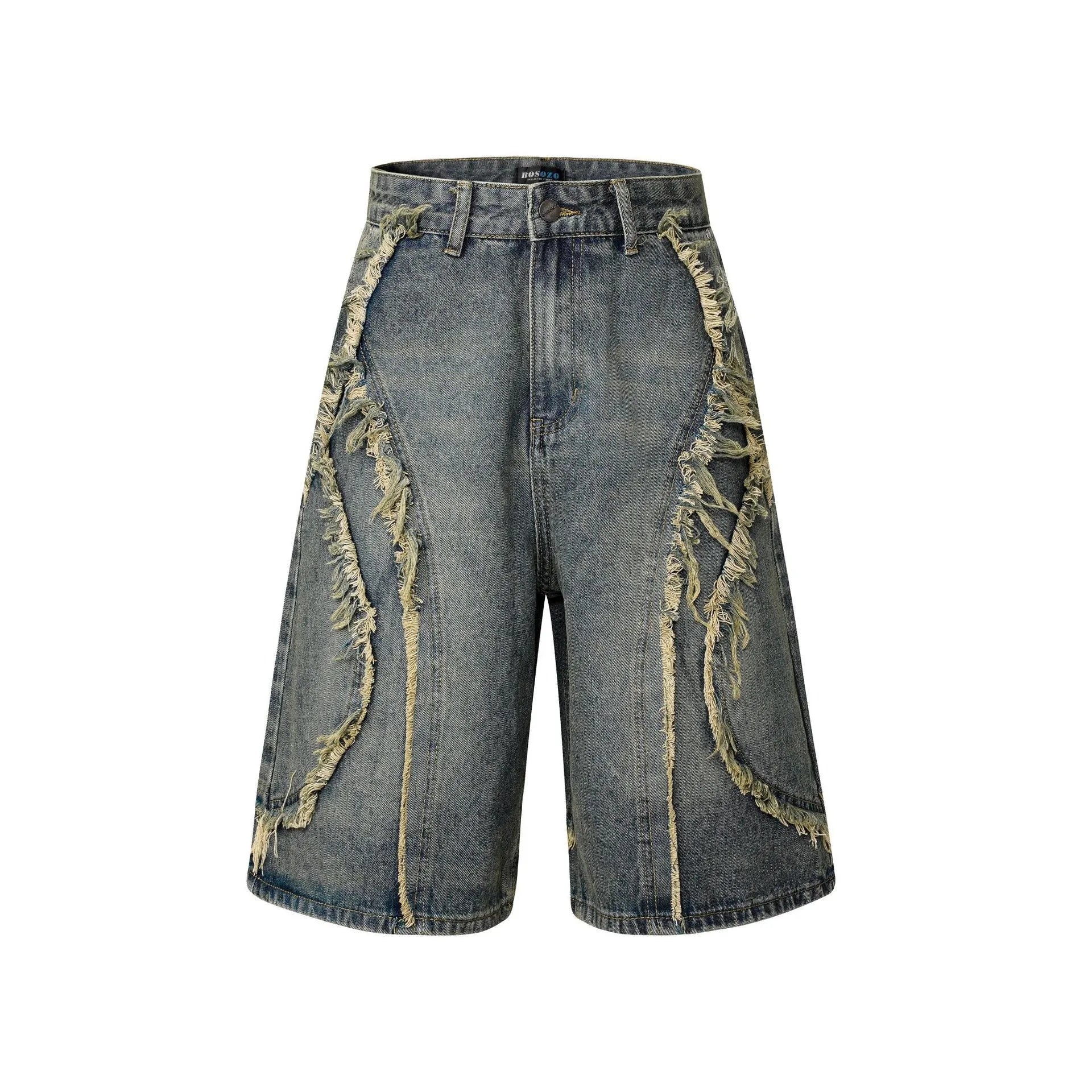Distressed denim shorts with raw edge hem in light blue, shown in a straight-leg cropped fit.