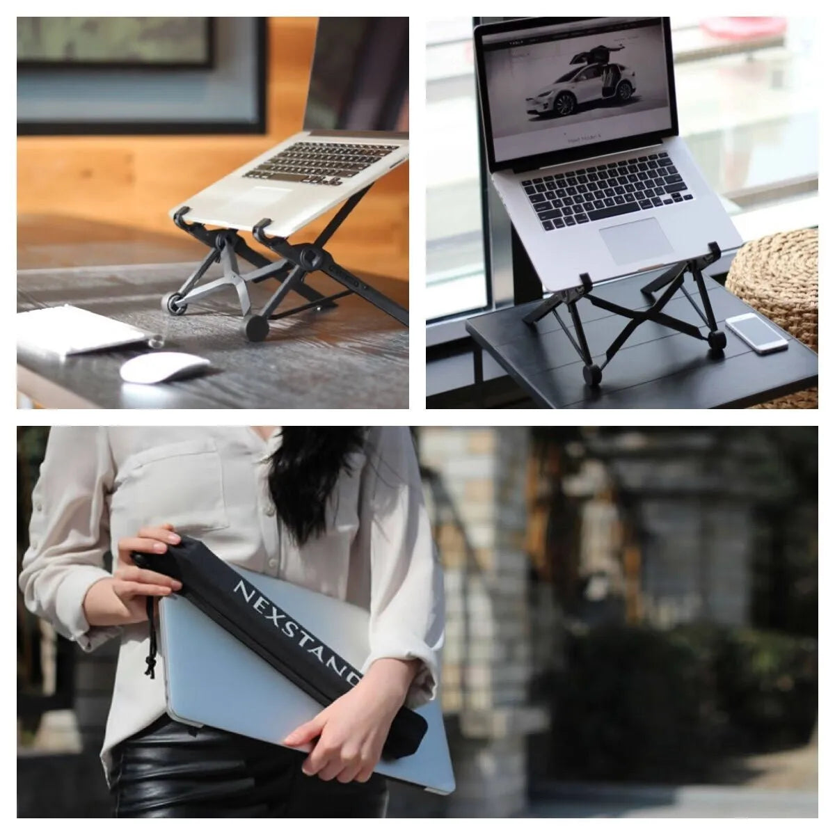 Sagacious black portable folding computer bracket with carrying case for laptops and tablets