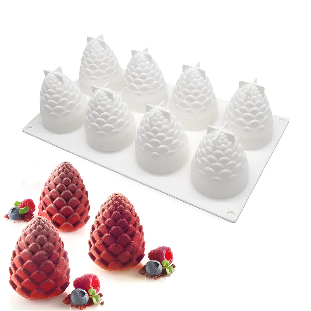 Silicone baking mould with six cavities shaped as pine cones, pineapples, and pears