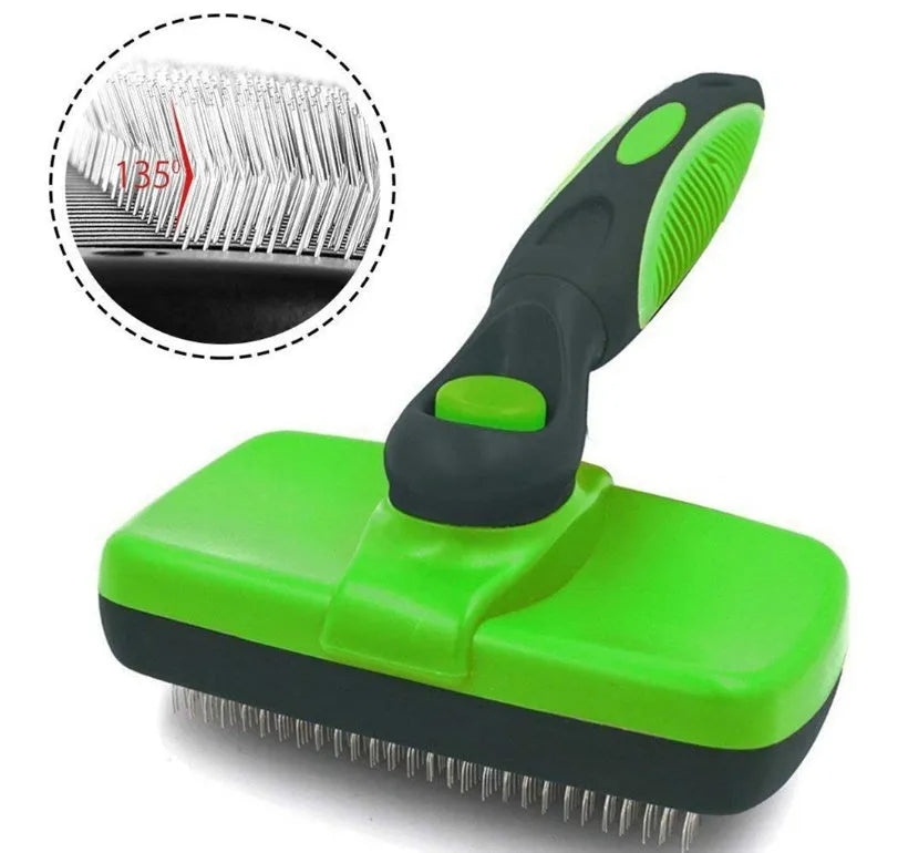 Pet self-cleaning slicker brush with stainless steel needles, green handle, on white background