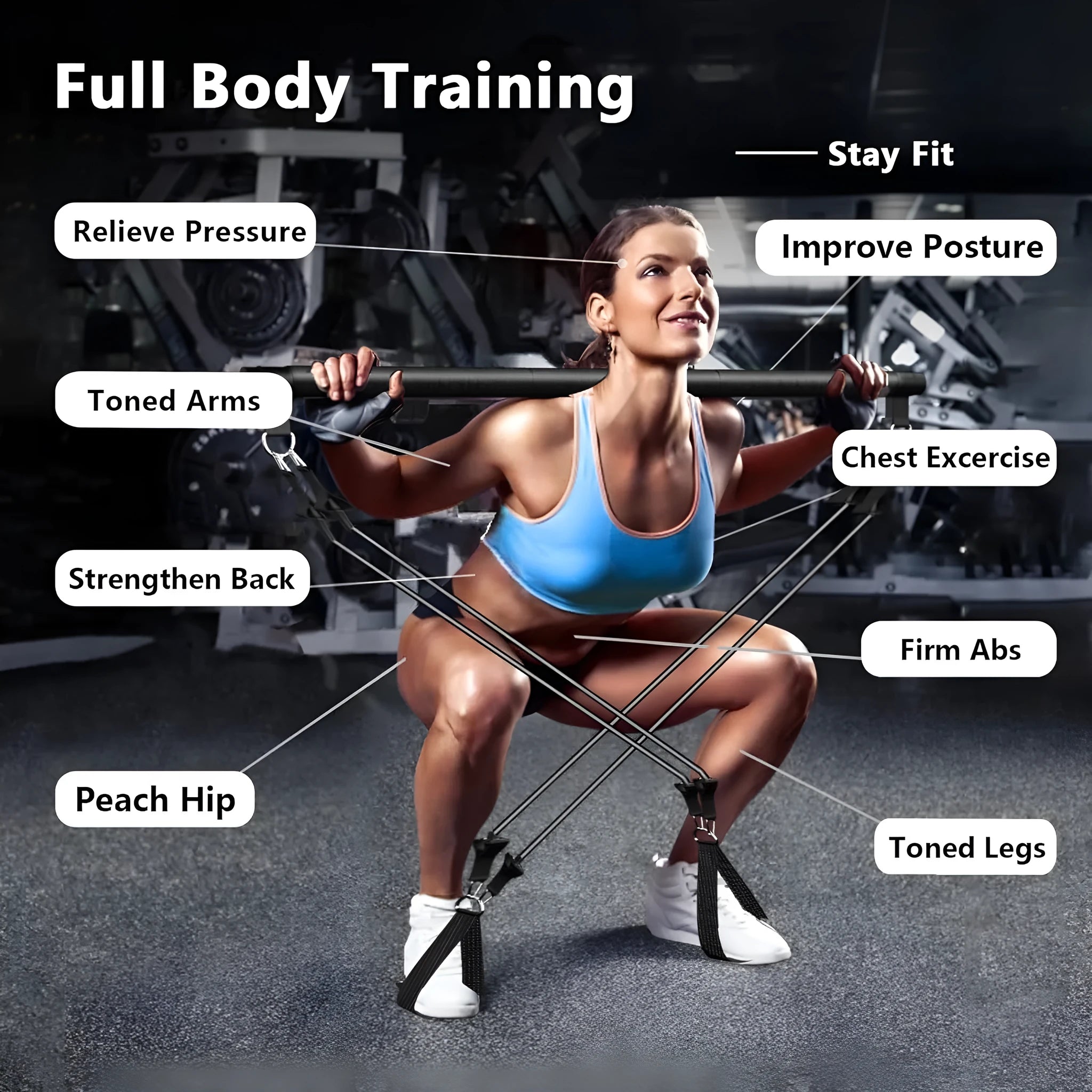 Pilates bar suit with multifunction resistance band pulling rope for yoga fitness home workout