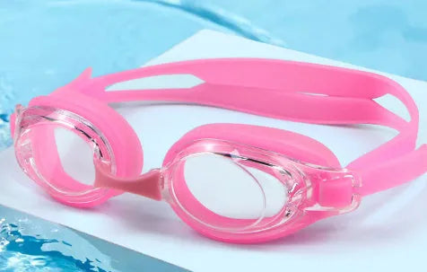 Myopia swimming goggles with anti-fog lenses and a protective storage case in assorted colours.