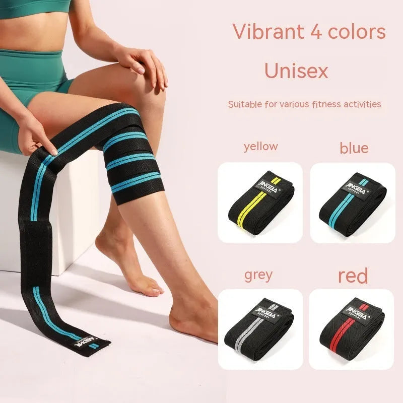 Adult free size adjustable knee pads for weightlifting and cycling in blue, yellow, red, and grey colours