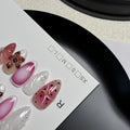 Hand-painted three-dimensional carved nail beauty patches showing embossed and candy patterns on almond-shaped nails