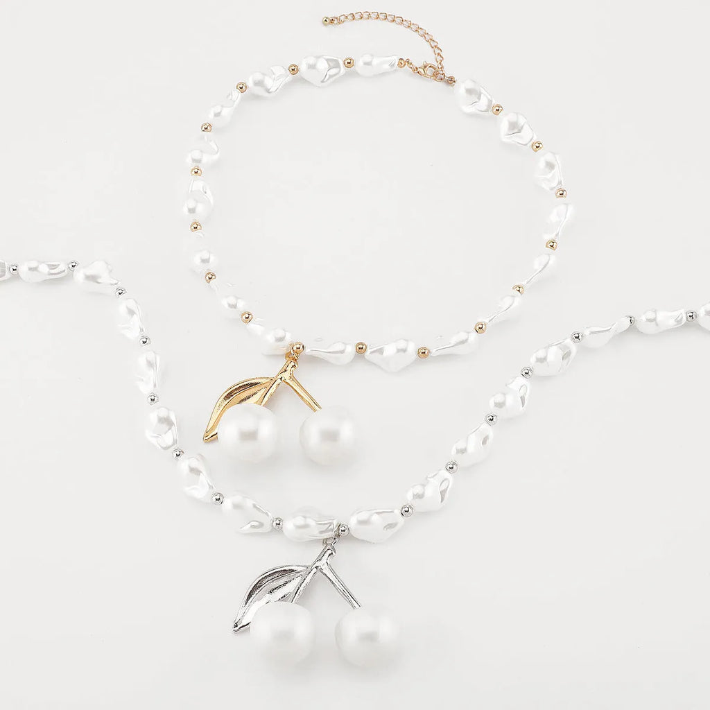 Alloy imitation pearl cherry fruit necklace for women with adjustable 51-60cm length and pearl chain