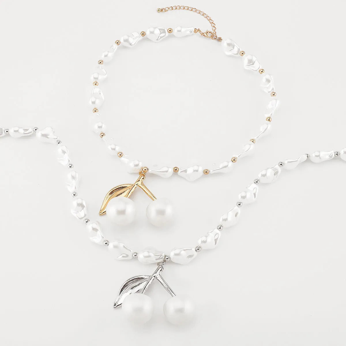 Alloy imitation pearl cherry fruit necklace for women with adjustable 51-60cm length and pearl chain