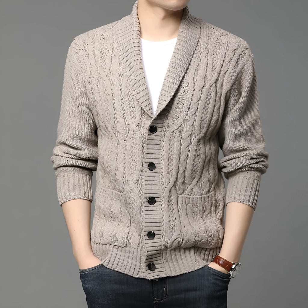 Men's Korean style jacquard knitted cardigan jacket in a chemical fibre blend for autumn and winter.
