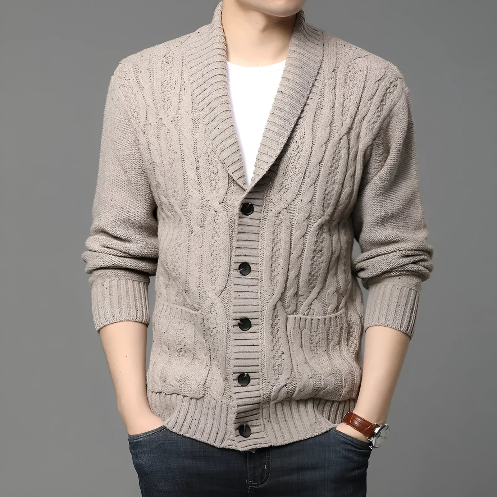 Men's Korean style jacquard knitted cardigan jacket in a chemical fibre blend for autumn and winter.
