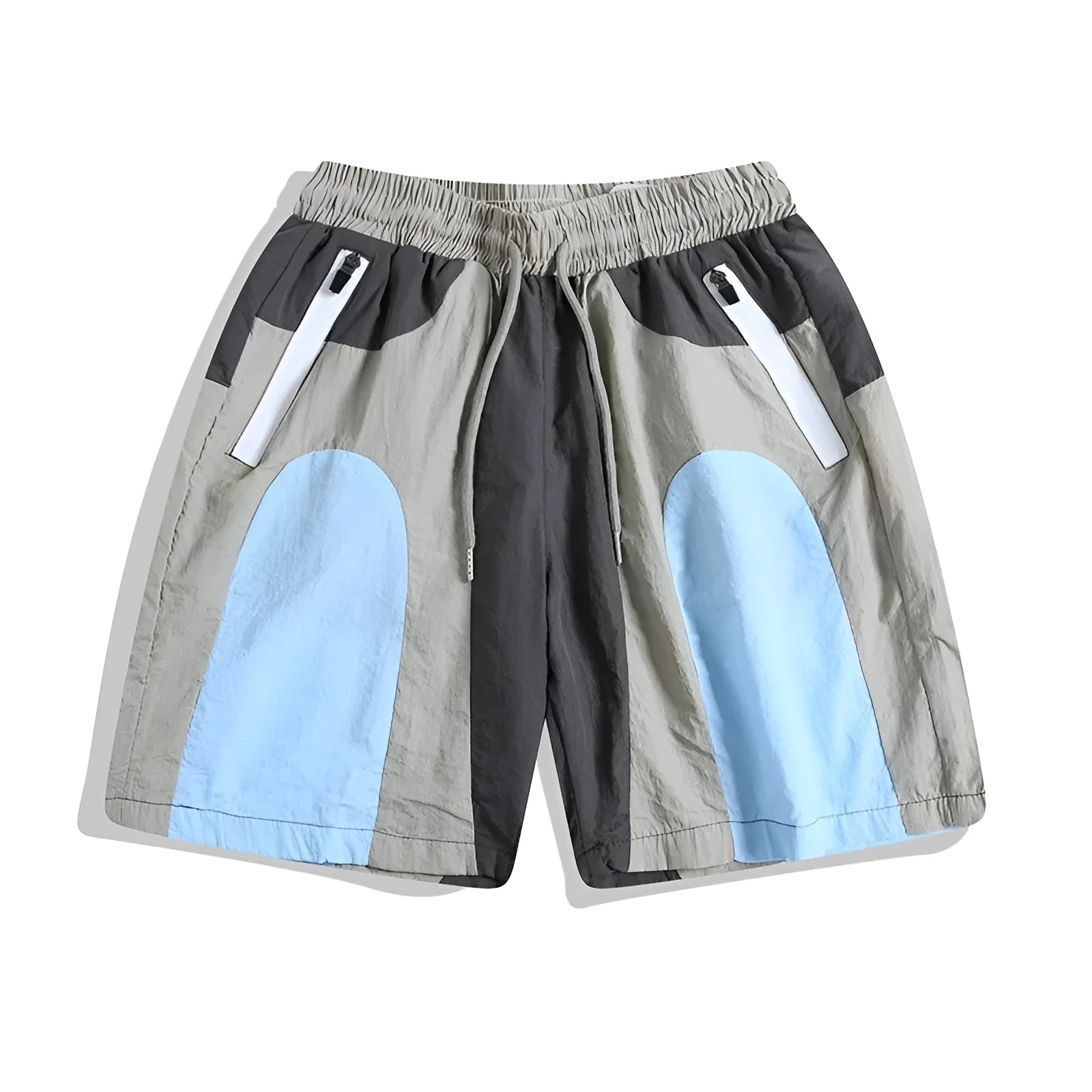 Blue men's loose patchwork quick-drying sports shorts with straight legs and elasticated waist.