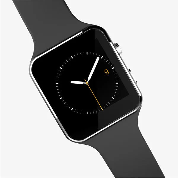 Black smart watch with 1.54 inch touchscreen and silicone strap on a wrist.