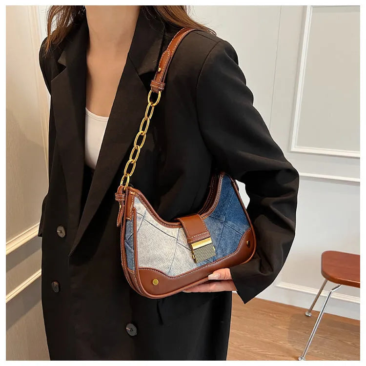 Brown denim women's shoulder bag with chain strap and diamond mesh detail