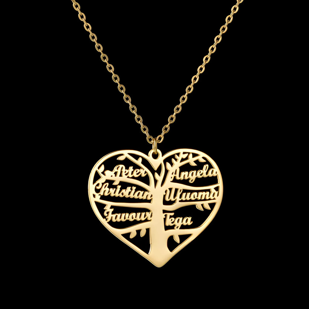 Custom stainless steel necklace with a life tree and hollow heart pendant engraved with names, shown in silver finish.