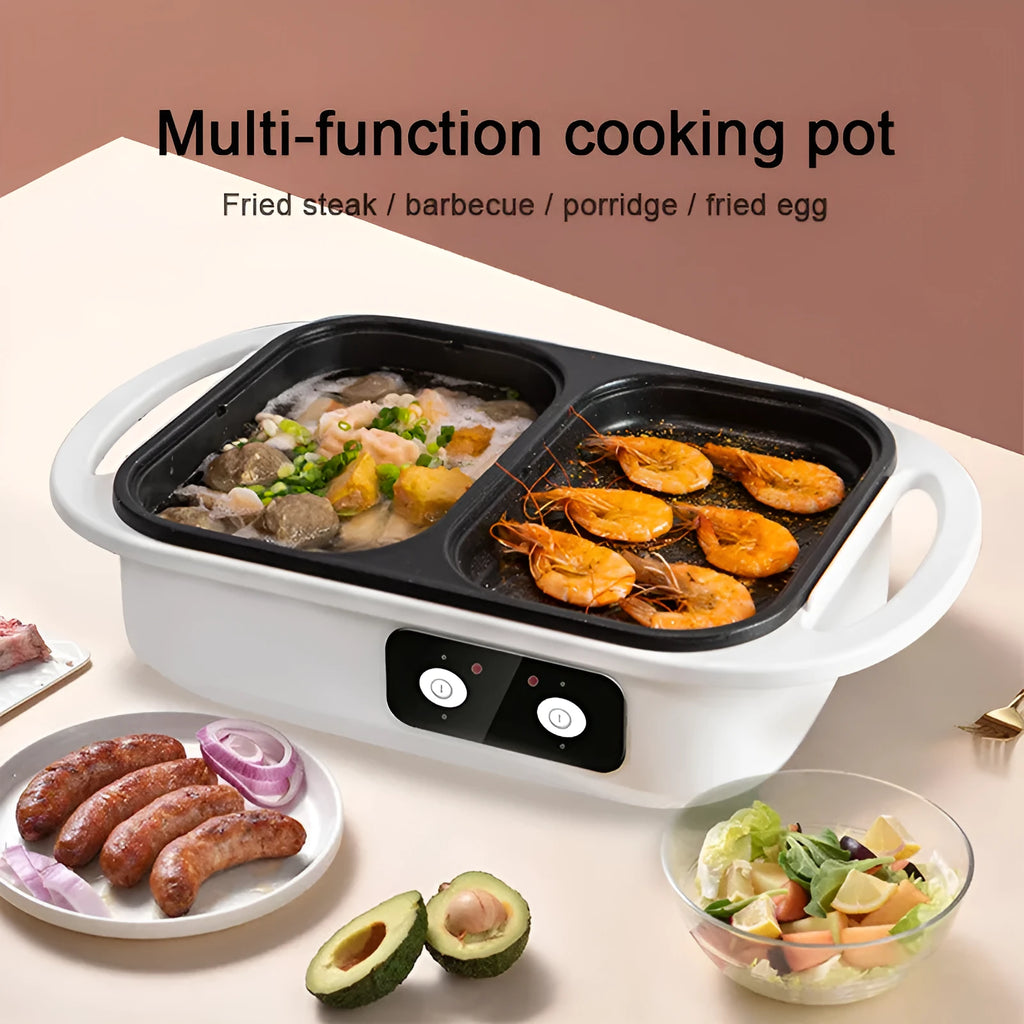 White or green dual-function electric caldron and frying oven appliance for 2-3 people.
