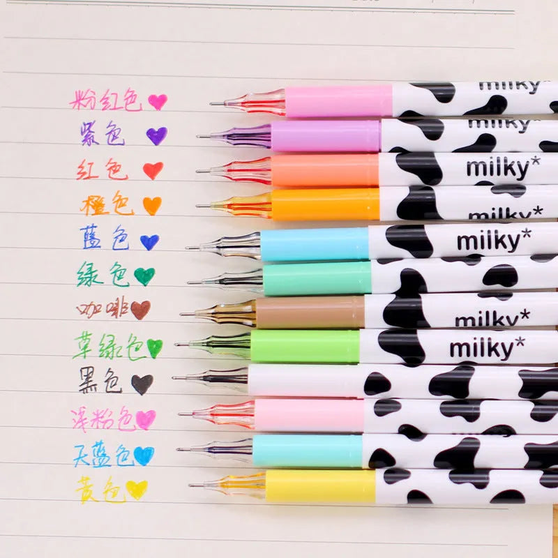 Cow print gel pen set showing 12 colours with 0.38mm fine tips