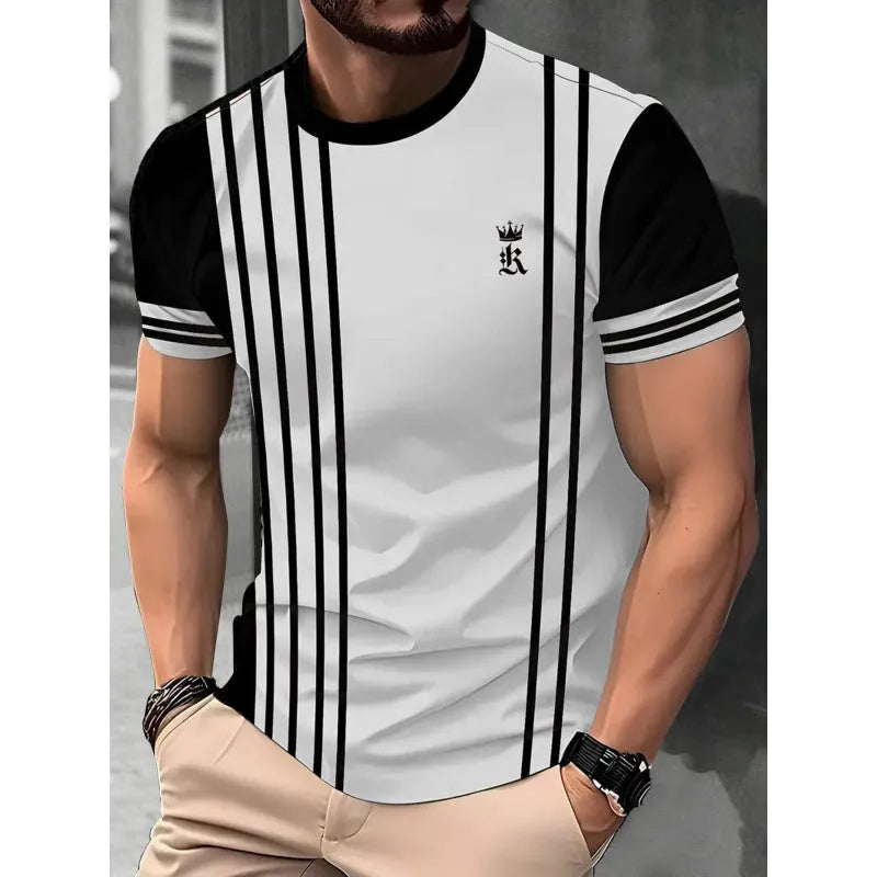 Men's loose fit short-sleeved T-shirt with digital 3D printed striped pattern in polyester fabric
