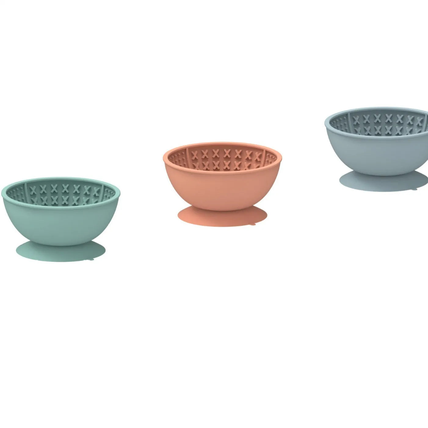 Cyan silicone pet licking mat slow feeding bowl with suction cup base showing textured surface