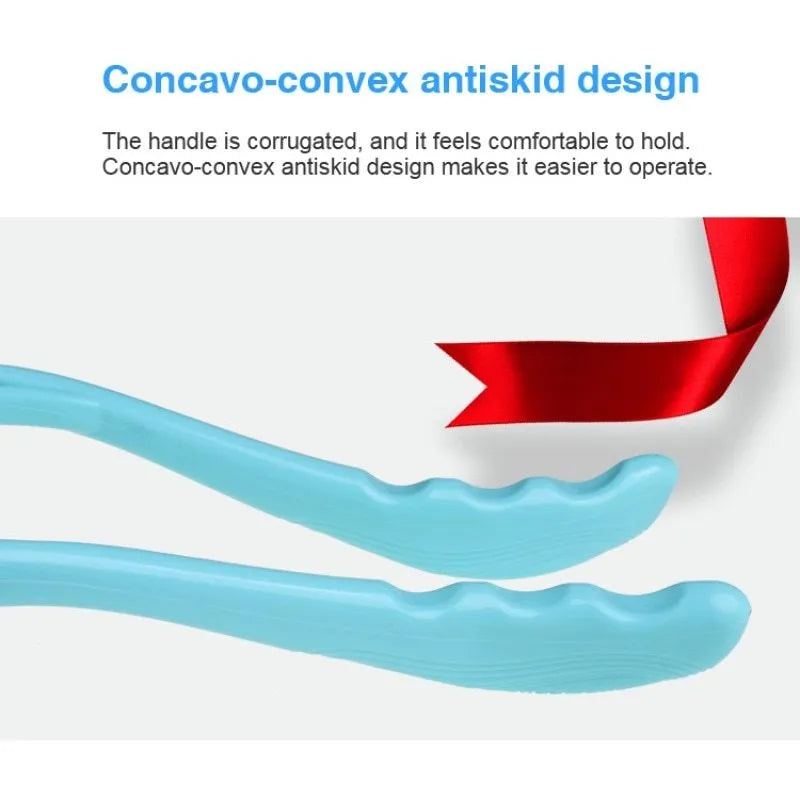 Blue plastic hand-held neck massager with adjustable rollers on a flexible stand.