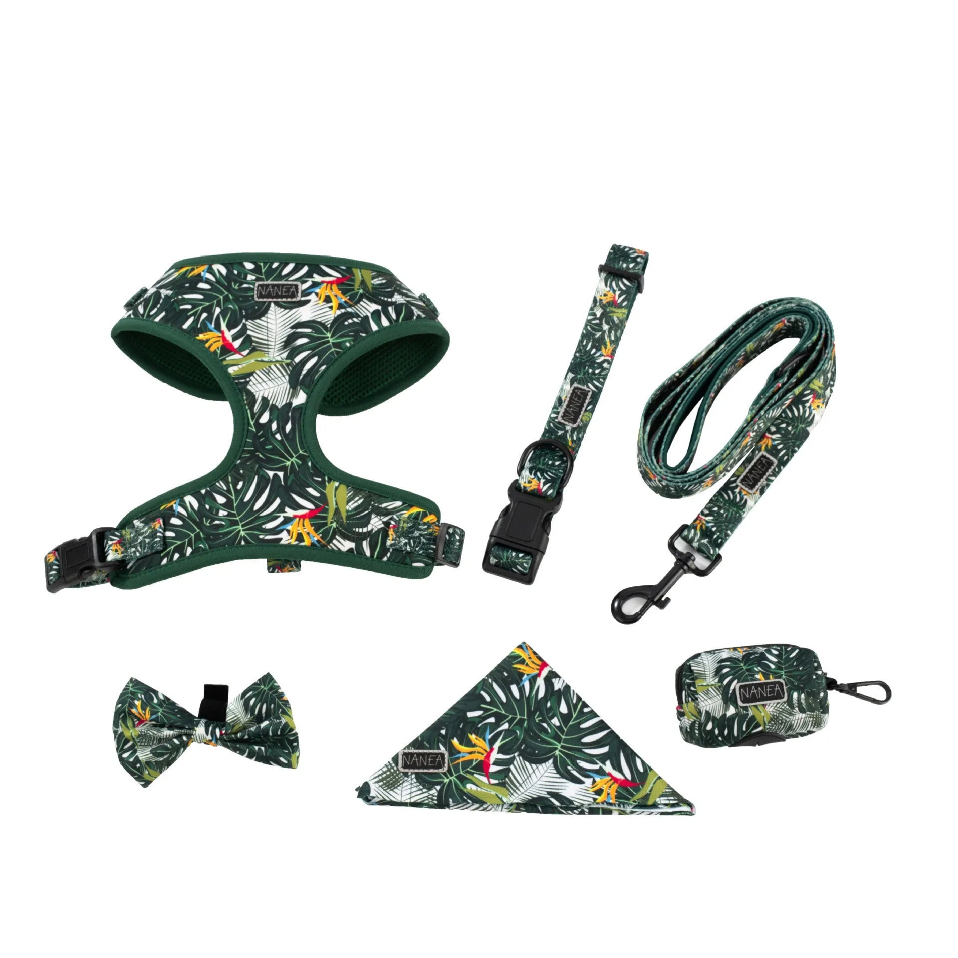 Six-piece cloth dog harness set with chest back, leash, collar, waste bag, bow tie, and scarf in various colours