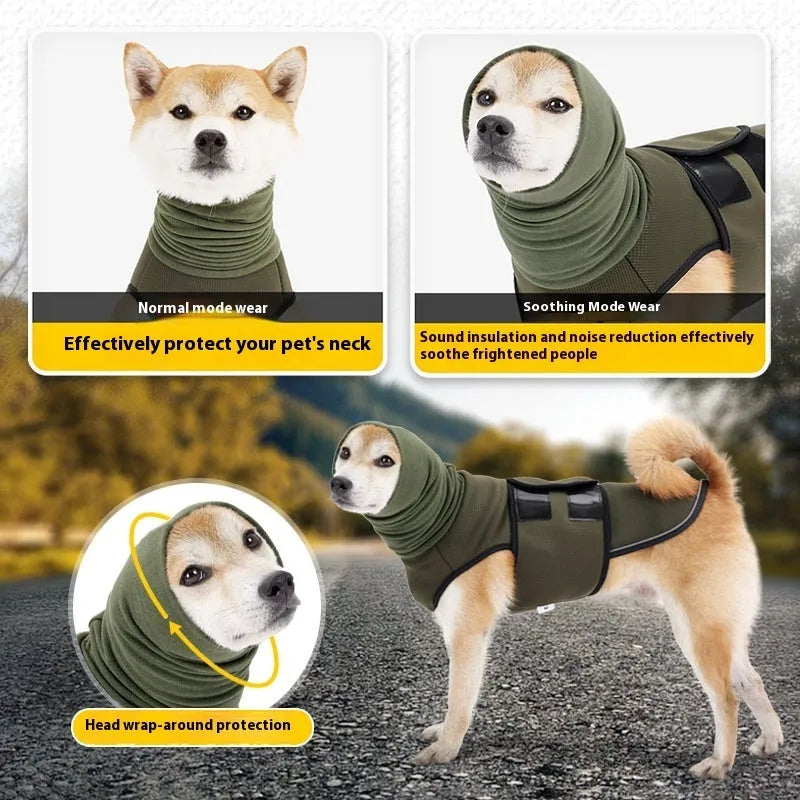 Army green polyester dog anti-anxiety calming jacket shown on a medium-sized dog.