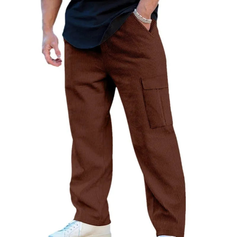 Men's straight-leg corduroy cargo trousers in navy blue with a drawstring waist.