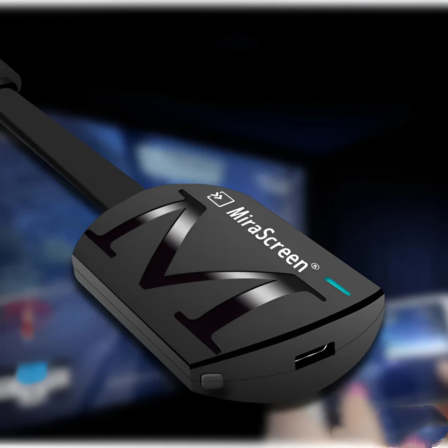 Black USB smart phone TV dongle for HD 1080p screen mirroring and video playback.